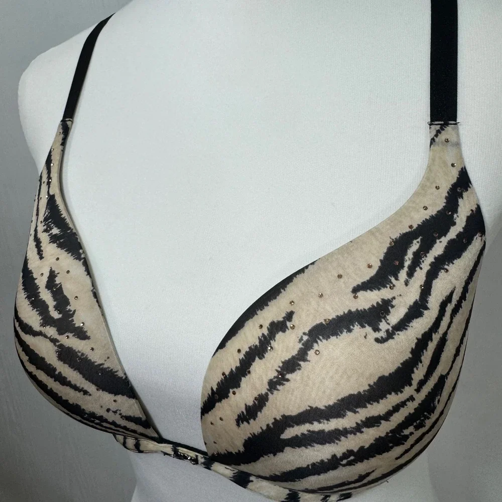Victoria's Secret Push Up Bra 34D Beige Black Zebra Print Rhinestone‎ Detail